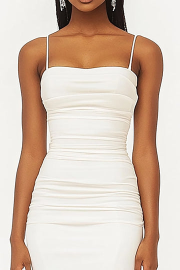 White Sheath Spaghetti Straps Ruched Graduation Dress with Slit